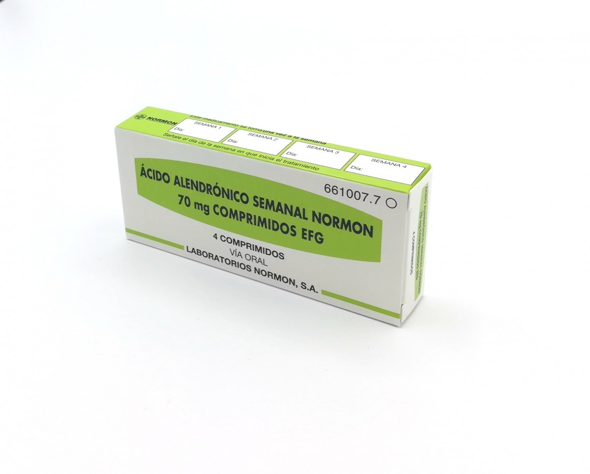 ACIDO ALENDRONICO SEMANAL NORMON 70 mg COMPRIMIDOS EFG, 4 comprimidos fotografía del envase.