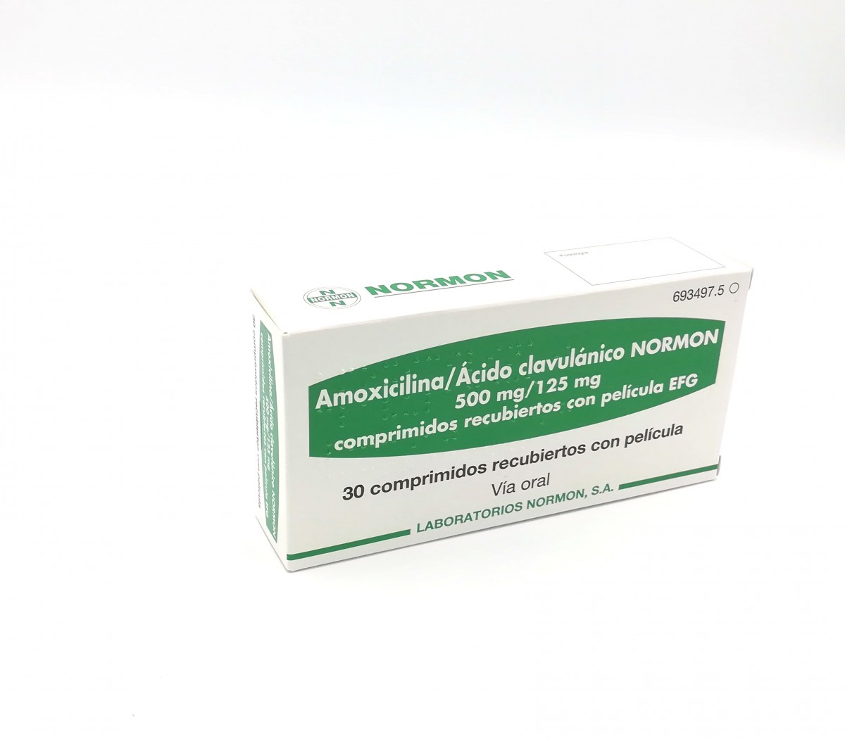 AMOXICILINA/ACIDO CLAVULANICO NORMON 500 mg /125 mg COMPRIMIDOS RECUBIERTOS CON PELICULA EFG, 24 comprimidos fotografía del envase.