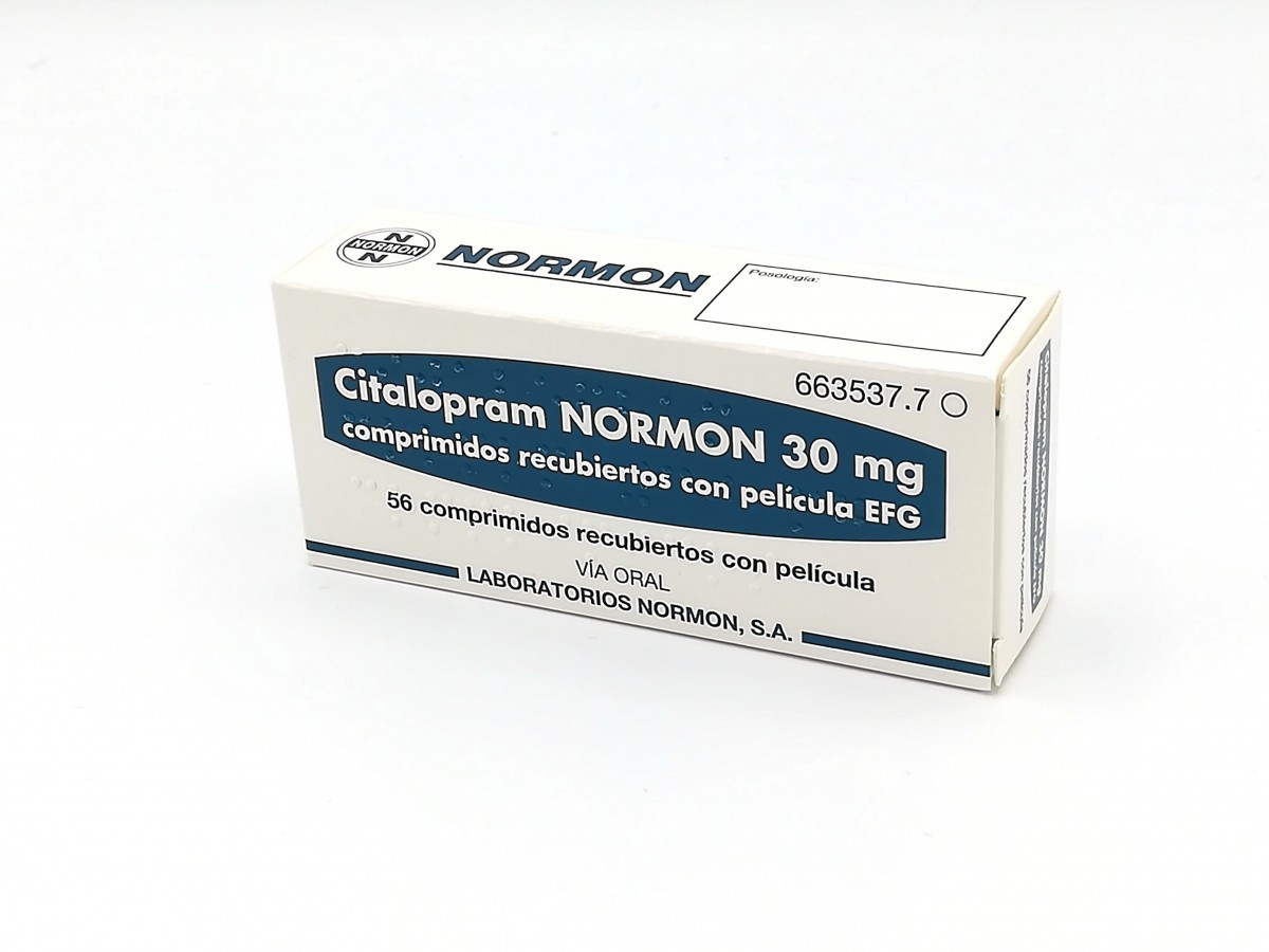 CITALOPRAM NORMON 30 mg COMPRIMIDOS RECUBIERTOS CON PELICULA EFG, 56 comprimidos fotografía del envase.
