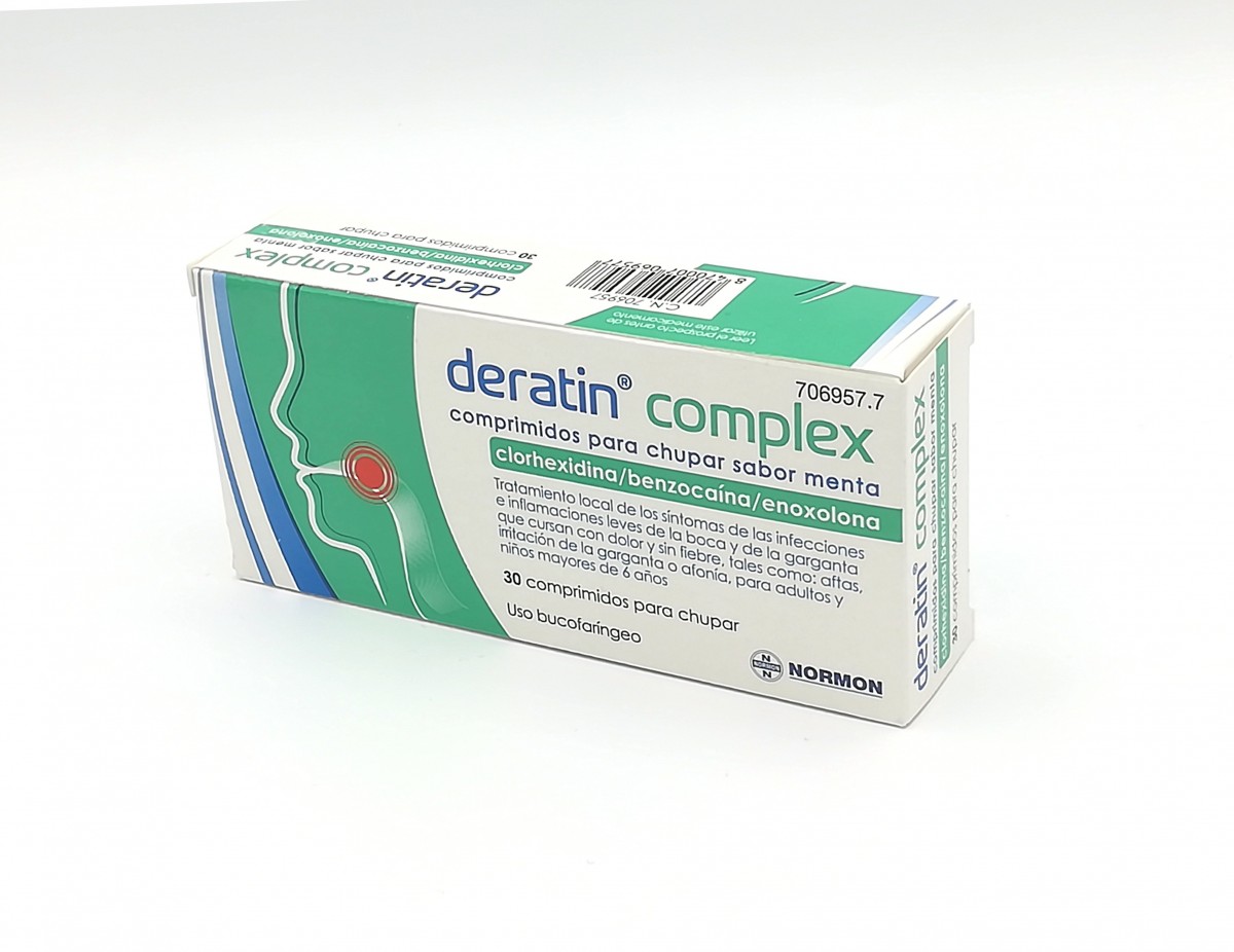 DERATIN COMPLEX COMPRIMIDOS PARA CHUPAR SABOR MENTA , 30 comprimidos (Blister aluminio/PVC) fotografía del envase.