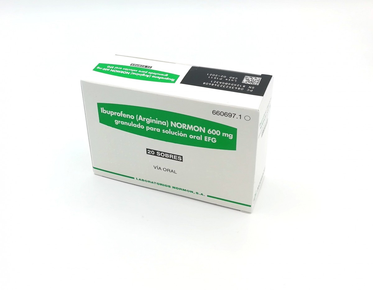 IBUPROFENO (ARGININA) NORMON 600 mg GRANULADO PARA SOLUCION ORAL EFG , 20 sobres fotografía del envase.