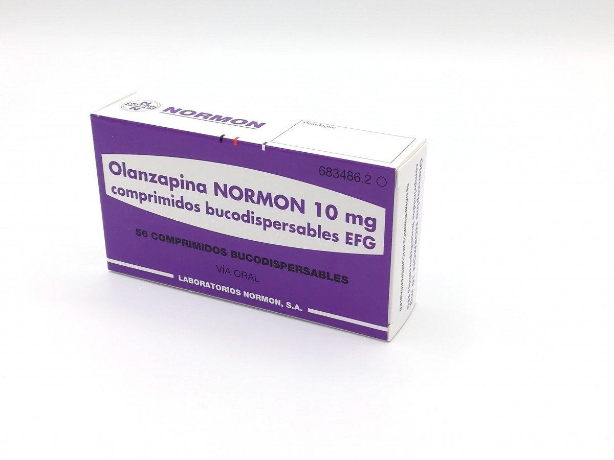 OLANZAPINA NORMON 10 mg COMPRIMIDOS BUCODISPERSABLES EFG , 56 comprimidos fotografía del envase.