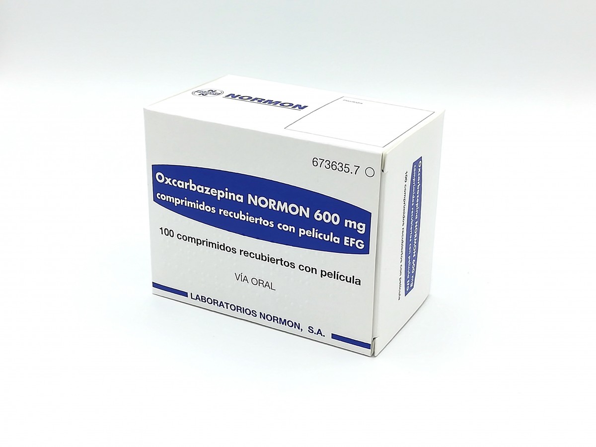 OXCARBAZEPINA NORMON 600 mg COMPRIMIDOS RECUBIERTOS CON PELICULA EFG , 100 comprimidos fotografía del envase.