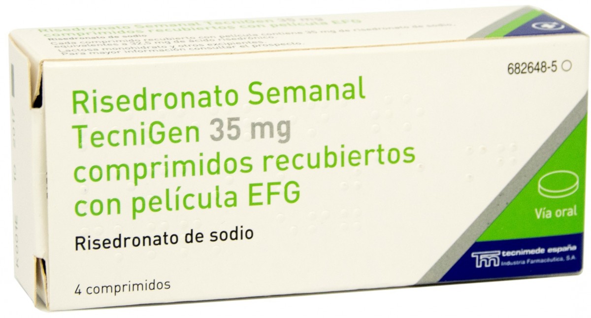 RISEDRONATO SEMANAL TECNIGEN 35 mg COMPRIMIDOS RECUBIERTOS CON PELICULA EFG, 4 comprimidos fotografía del envase.