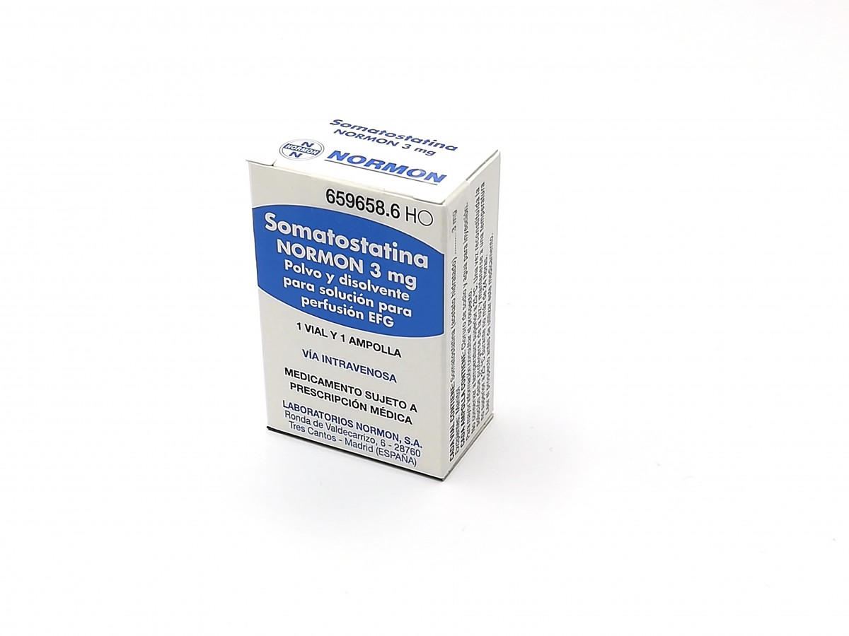 SOMATOSTATINA NORMON 3 mg POLVO Y DISOLVENTE PARA SOLUCION PARA PERFUSION EFG, 1 vial + 1 ampolla de disolvente fotografía del envase.