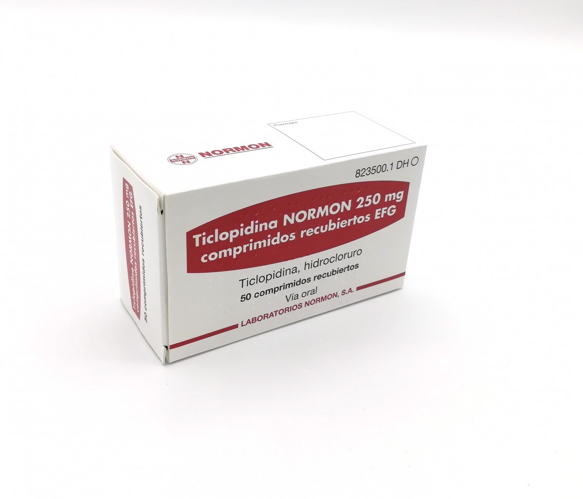 TICLOPIDINA NORMON 250 mg COMPRIMIDOS RECUBIERTOS EFG , 20 comprimidos fotografía del envase.