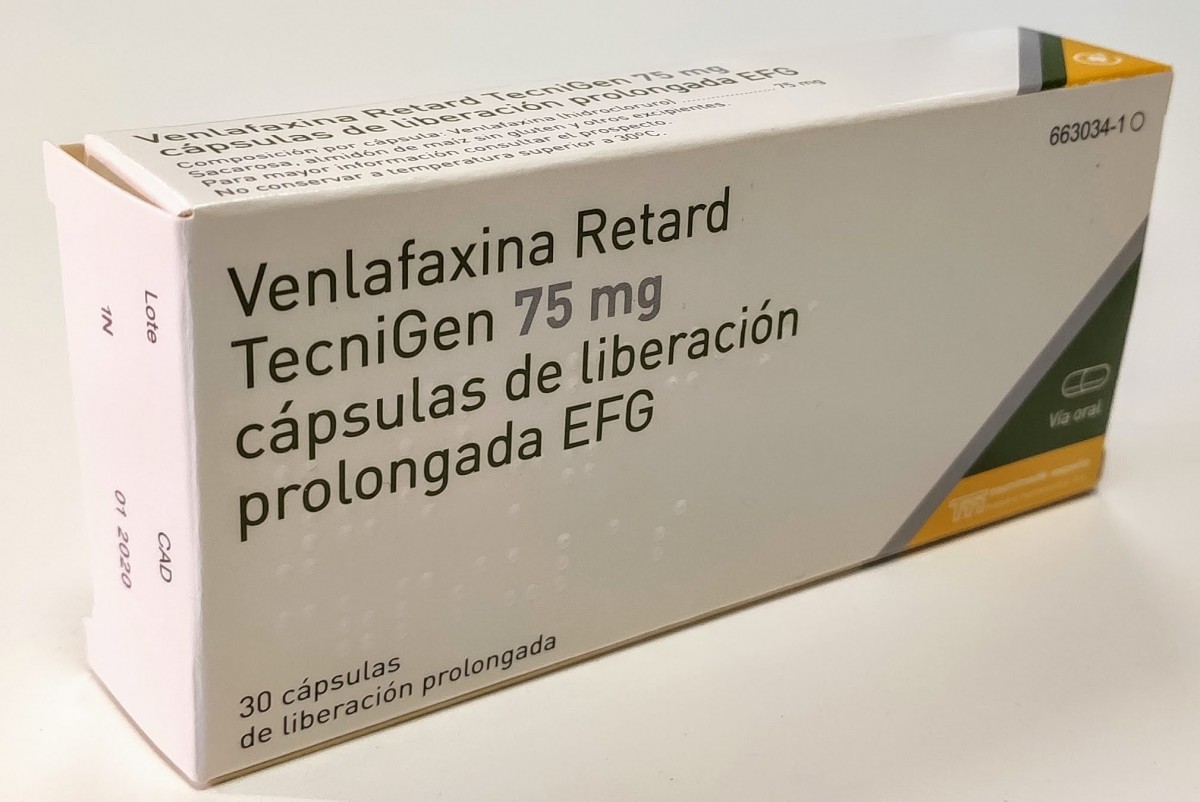VENLAFAXINA RETARD TECNIGEN 75 mg CAPSULAS DE LIBERACION PROLONGADA EFG, 30 cápsulas fotografía del envase.