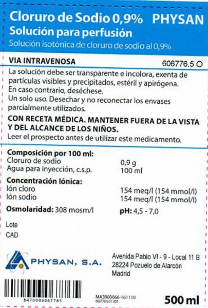 CLORURO DE SODIO PHYSAN 0,9%  SOLUCION PARA PERFUSION , 50 bolsas de 100 ml (PVC) fotografía del envase.