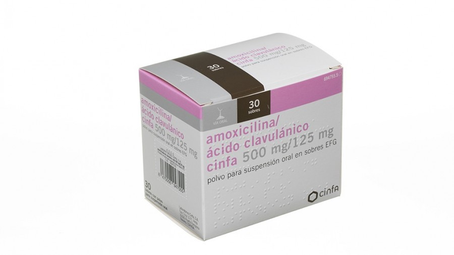 AMOXICILINA/ACIDO CLAVULANICO CINFA 500 mg /125 mg POLVO PARA SUSPENSION ORAL EN SOBRES EFG, 30 sobres fotografía del envase.