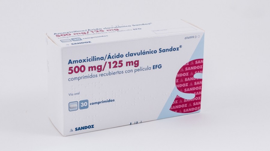 AMOXICILINA/ACIDO CLAVULANICO SANDOZ 500 mg/125 mg COMPRIMIDOS RECUBIERTOS CON PELICULA EFG, 30 comprimidos (Blister Al/PVC/Al) fotografía del envase.