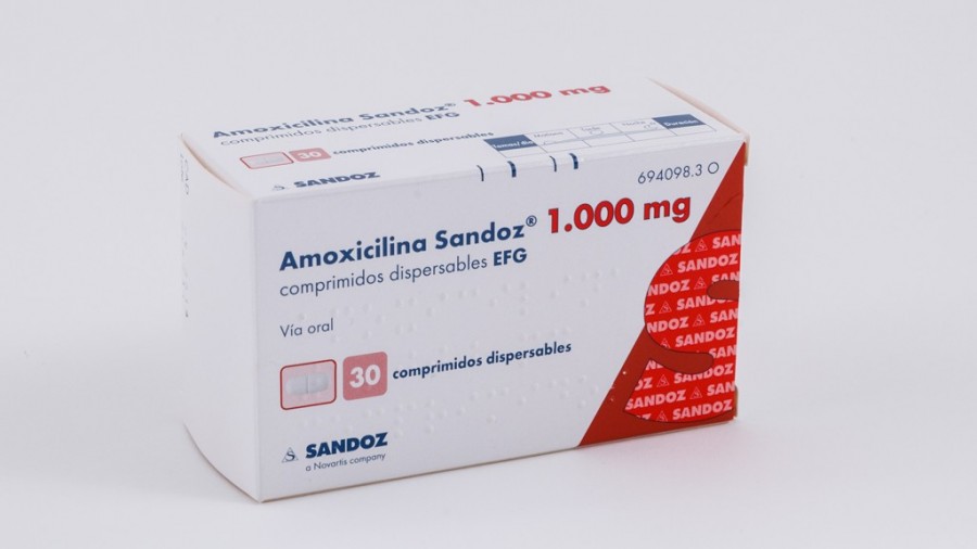 AMOXICILINA SANDOZ 1000 mg COMPRIMIDOS DISPERSABLES EFG, 12 comprimidos fotografía del envase.