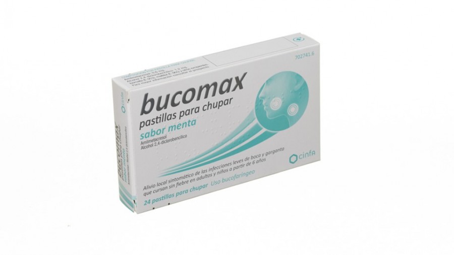 BUCOMAX PASTILLAS PARA CHUPAR SABOR MENTA , 24 pastillas fotografía del envase.