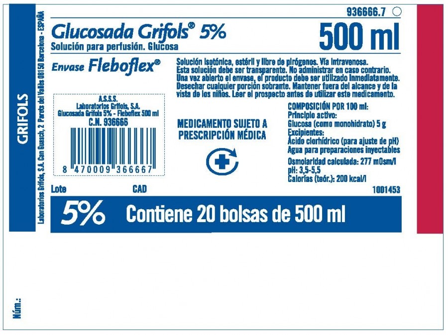 GLUCOSADA GRIFOLS 5% SOLUCION PARA PERFUSION ,  10 frascos de 500 ml (VIDRIO) fotografía del envase.