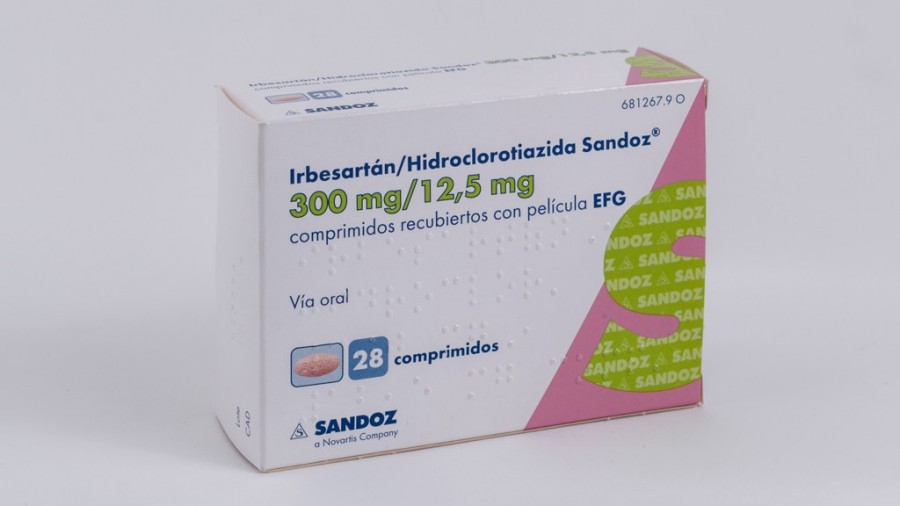 IRBESARTAN/HIDROCLOROTIAZIDA SANDOZ 300 mg/12,5 mg COMPRIMIDOS RECUBIERTOS CON PELICULA EFG , 28 comprimidos fotografía del envase.