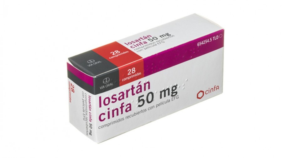 LOSARTAN CINFA 50 mg COMPRIMIDOS RECUBIERTOS CON PELICULA EFG, 500 comprimidos fotografía del envase.