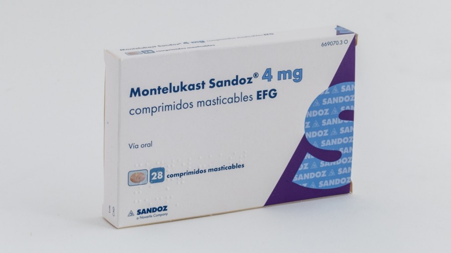 MONTELUKAST SANDOZ 4 mg COMPRIMIDOS MASTICABLES EFG, 28 comprimidos fotografía del envase.