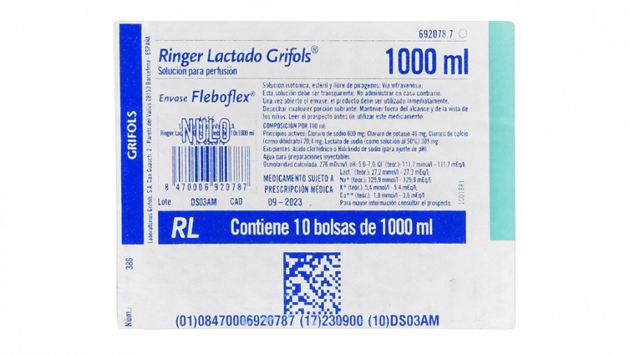 RINGER LACTADO GRIFOLS SOLUCION PARA PERFUSION, 20 bolsas de 500 ml (FLEBOFLEX) fotografía del envase.