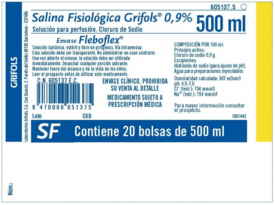 SALINA FISIOLOGICA GRIFOLS 0,9% SOLUCION PARA PERFUSION, 10 bolsas de 1000 ml  (FLEBOFLEX LUER) fotografía del envase.