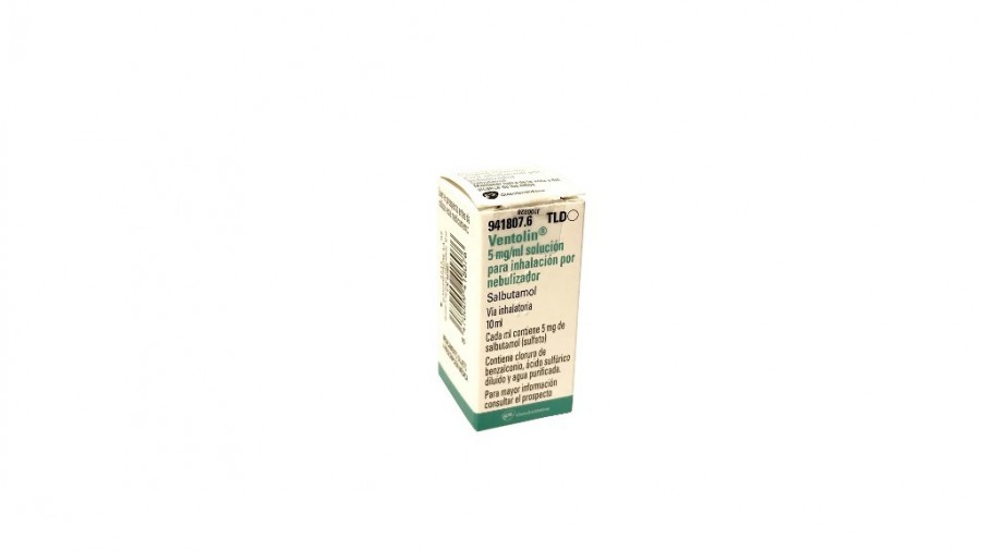 VENTOLIN 5 mg/ml SOLUCION PARA INHALACION POR NEBULIZADOR, 1 frasco de 10 ml fotografía del envase.