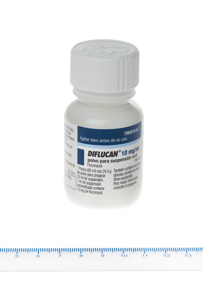 DIFLUCAN 10 mg/ml POLVO PARA SUSPENSION ORAL, 1 frasco de 35 ml fotografía de la forma farmacéutica.