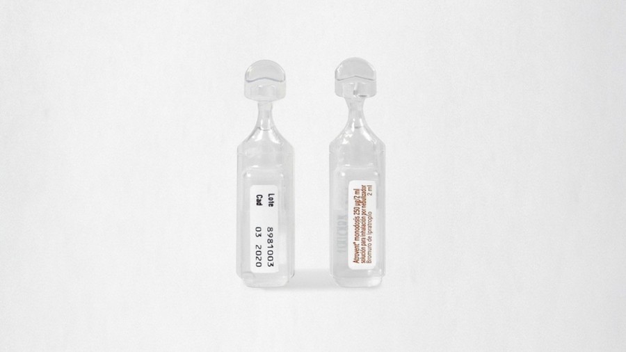 ATROVENT MONODOSIS 250 mcg / 2ml SOLUCION PARA INHALACION POR NEBULIZADOR , 20 ampollas de 2 ml fotografía de la forma farmacéutica.