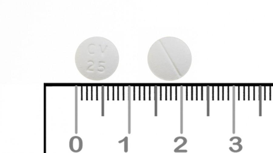CARVEDILOL CINFA 25 mg COMPRIMIDOS EFG, 28 comprimidos fotografía de la forma farmacéutica.