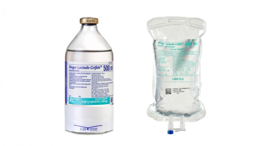 RINGER LACTADO GRIFOLS SOLUCION PARA PERFUSION, 20 bolsas de 500 ml (FLEBOFLEX) fotografía de la forma farmacéutica.