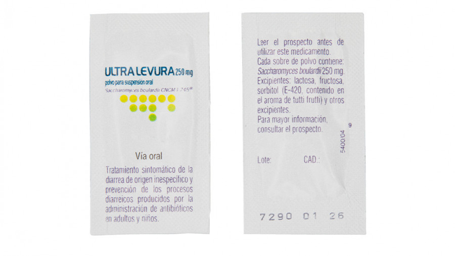 ULTRA-LEVURA 250 MG POLVO PARA SUSPENSION ORAL , 10 sobres fotografía de la forma farmacéutica.