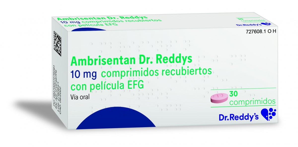 AMBRISENTAN DR. REDDYS 10 MG COMPRIMIDOS RECUBIERTOS CON PELICULA EFG, 30 comprimidos (Blister PVC/PVDC-Al) fotografía del envase.