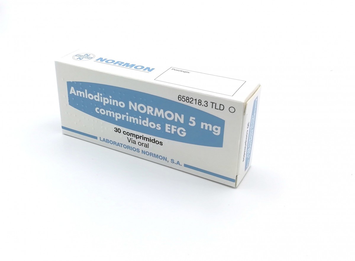 AMLODIPINO NORMON 5 mg COMPRIMIDOS EFG, 28 comprimidos fotografía del envase.