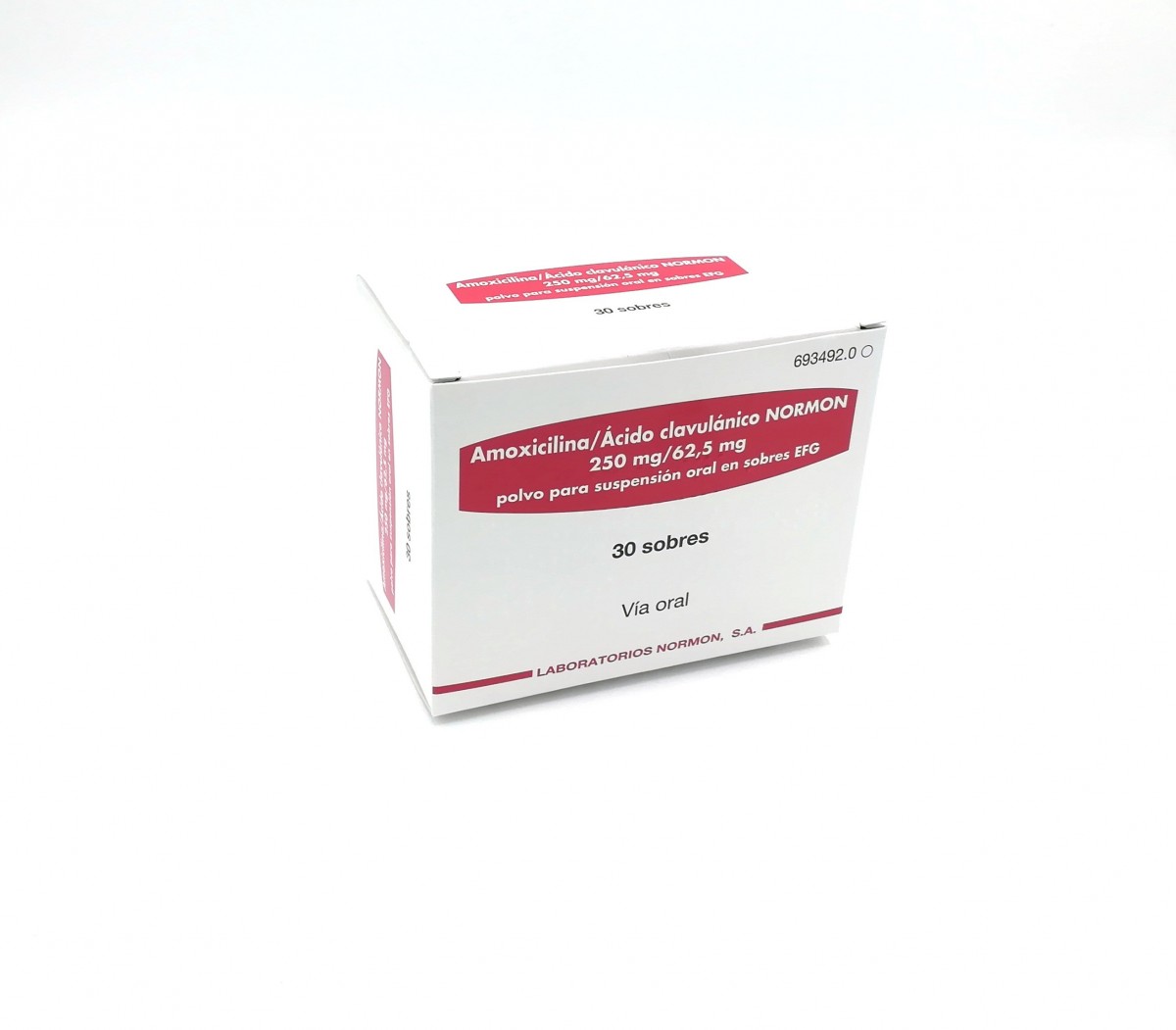 AMOXICILINA/ACIDO CLAVULANICO NORMON 250 mg/62,5 mg  POLVO PARA SUSPENSION ORAL EN SOBRES EFG, 12 sobres fotografía del envase.