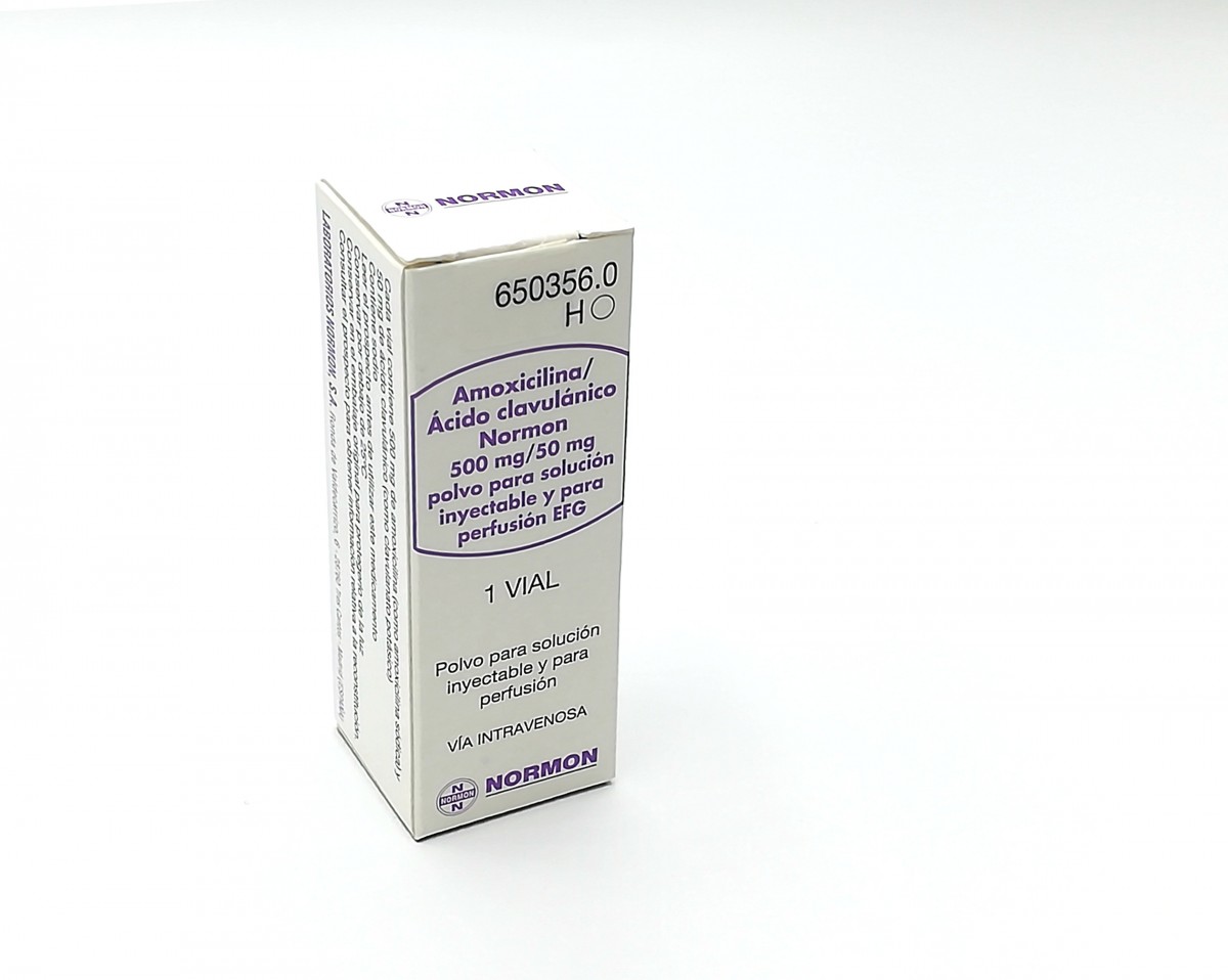 AMOXICILINA/ACIDO CLAVULANICO NORMON 500 mg/50 mg POLVO PARA SOLUCION INYECTABLE Y PARA PERFUSION EFG , 1 vial fotografía del envase.