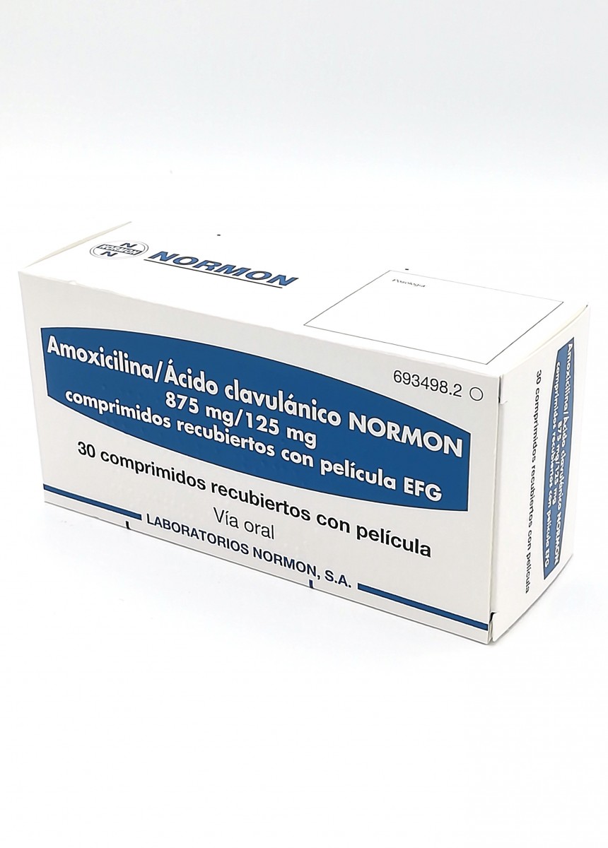 AMOXICILINA/ACIDO CLAVULANICO NORMON 875 mg/125 mg COMPRIMIDOS RECUBIERTOS CON PELICULA EFG, 500 comprimidos fotografía del envase.