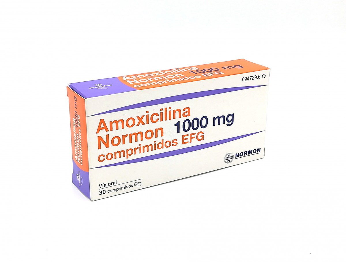 AMOXICILINA NORMON 1000 MG COMPRIMIDOS EFG  , 30 comprimidos fotografía del envase.