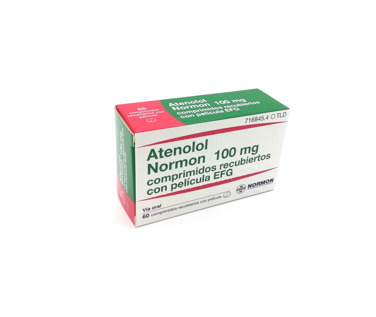 ATENOLOL NORMON 100 mg COMPRIMIDOS RECUBIERTOS EFG, 30 comprimidos fotografía del envase.