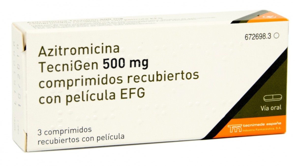 AZITROMICINA TECNIGEN 500 mg COMPRIMIDOS RECUBIERTOS CON PELICULA EFG , 3 comprimidos fotografía del envase.