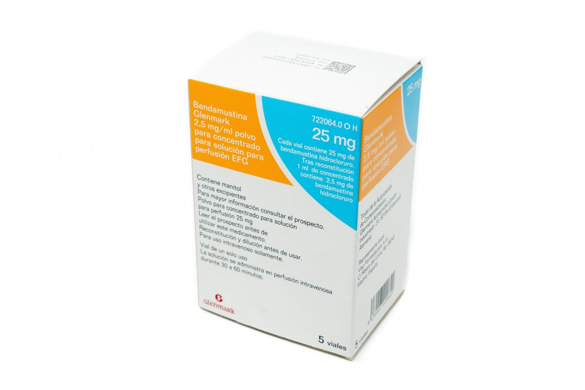 BENDAMUSTINA GLENMARK 2,5 MG/ML POLVO PARA CONCENTRADO PARA SOLUCION PARA PERFUSION EFG, 5 viales de 25 mg fotografía del envase.