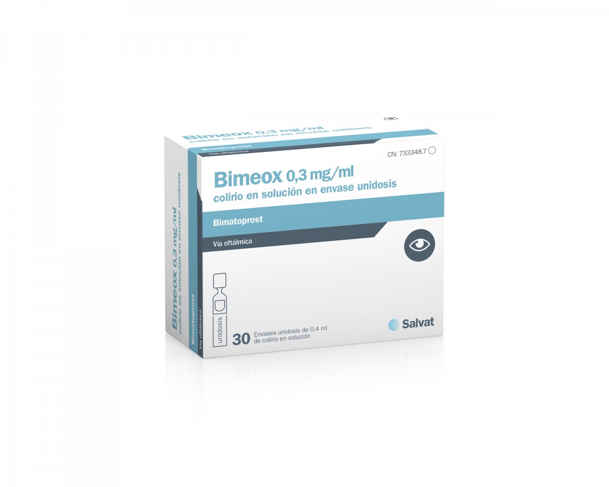 BIMEOX 0,3 MG/ML COLIRIO EN SOLUCION EN ENVASE UNIDOSIS, 30 envases unidosis de 0,4 ml fotografía del envase.