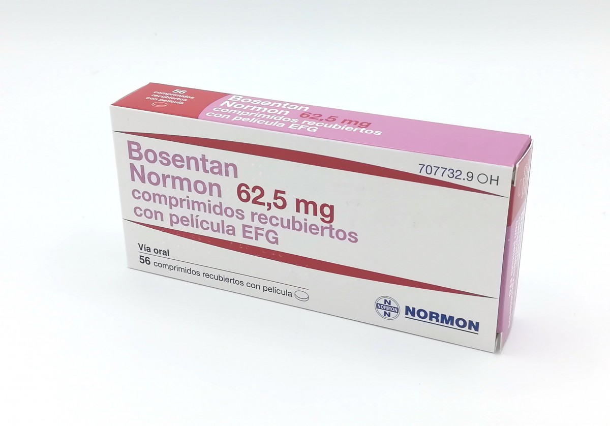 BOSENTAN NORMON 62,5 MG COMPRIMIDOS RECUBIERTOS CON PELICULA EFG , 56 comprimidos (Blister Al/PVDC/PE) fotografía del envase.