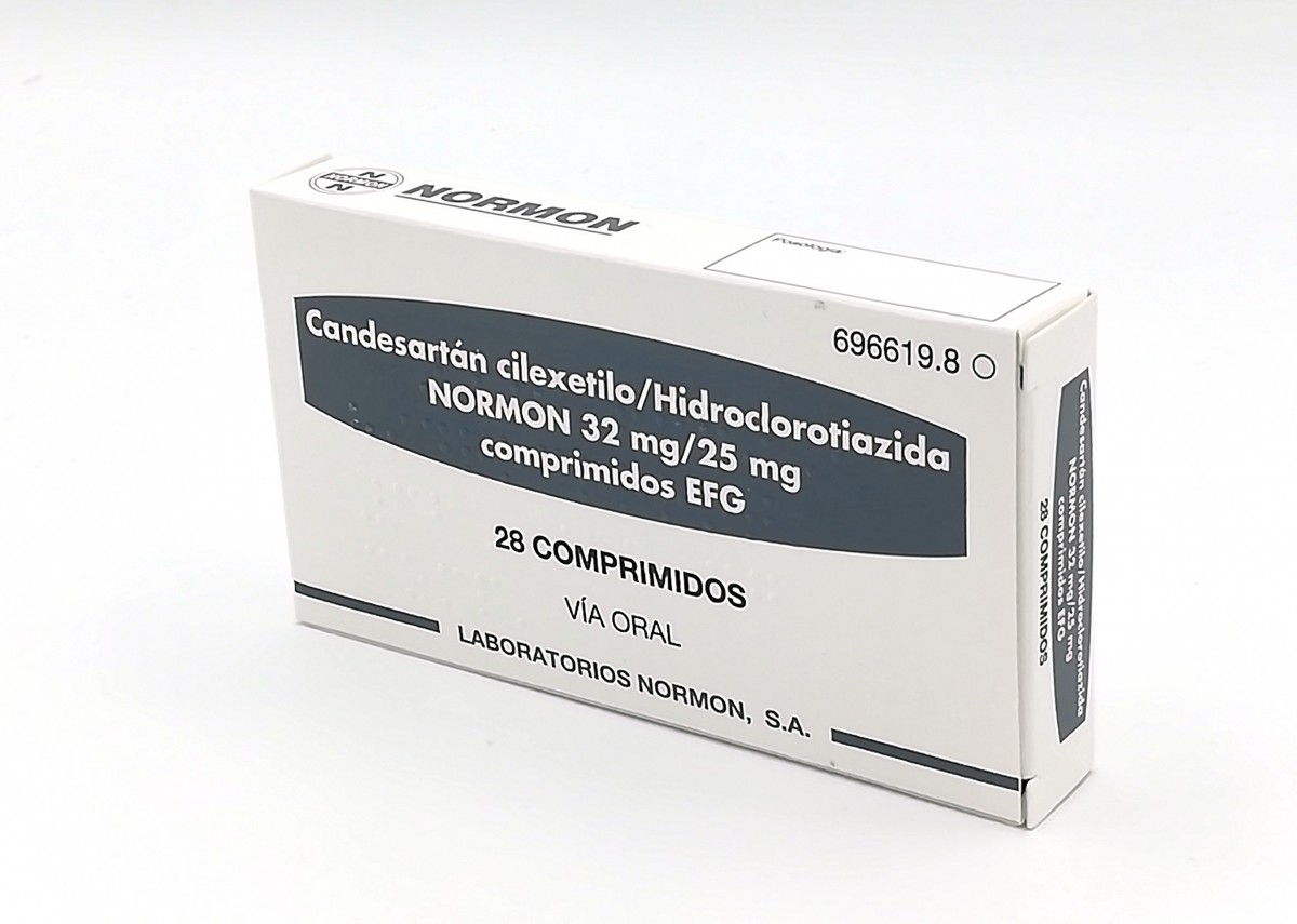 CANDESARTAN CILEXETILO/HIDROCLOROTIAZIDA NORMON 32 MG/25 MG COMPRIMIDOS EFG, 28 comprimidos fotografía del envase.