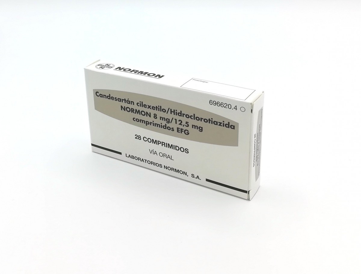 CANDESARTAN CILEXETILO/HIDROCLOROTIAZIDA NORMON 8 MG/12.5 MG COMPRIMIDOS EFG, 28 comprimidos fotografía del envase.