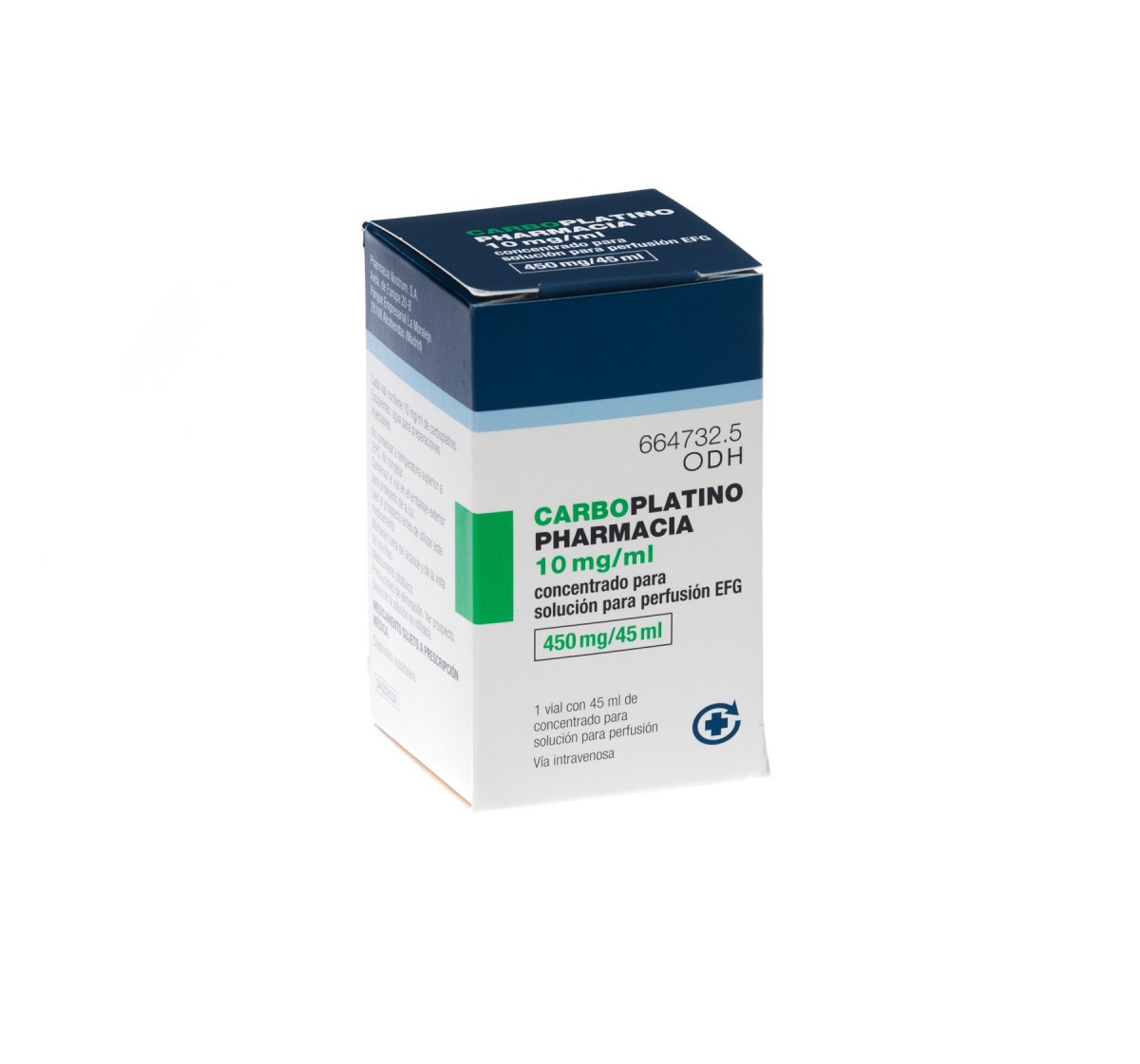 CARBOPLATINO PHARMACIA 10 mg/ml CONCENTRADO PARA SOLUCION PARA PERFUSION EFG, 1 vial de 45 ml fotografía del envase.