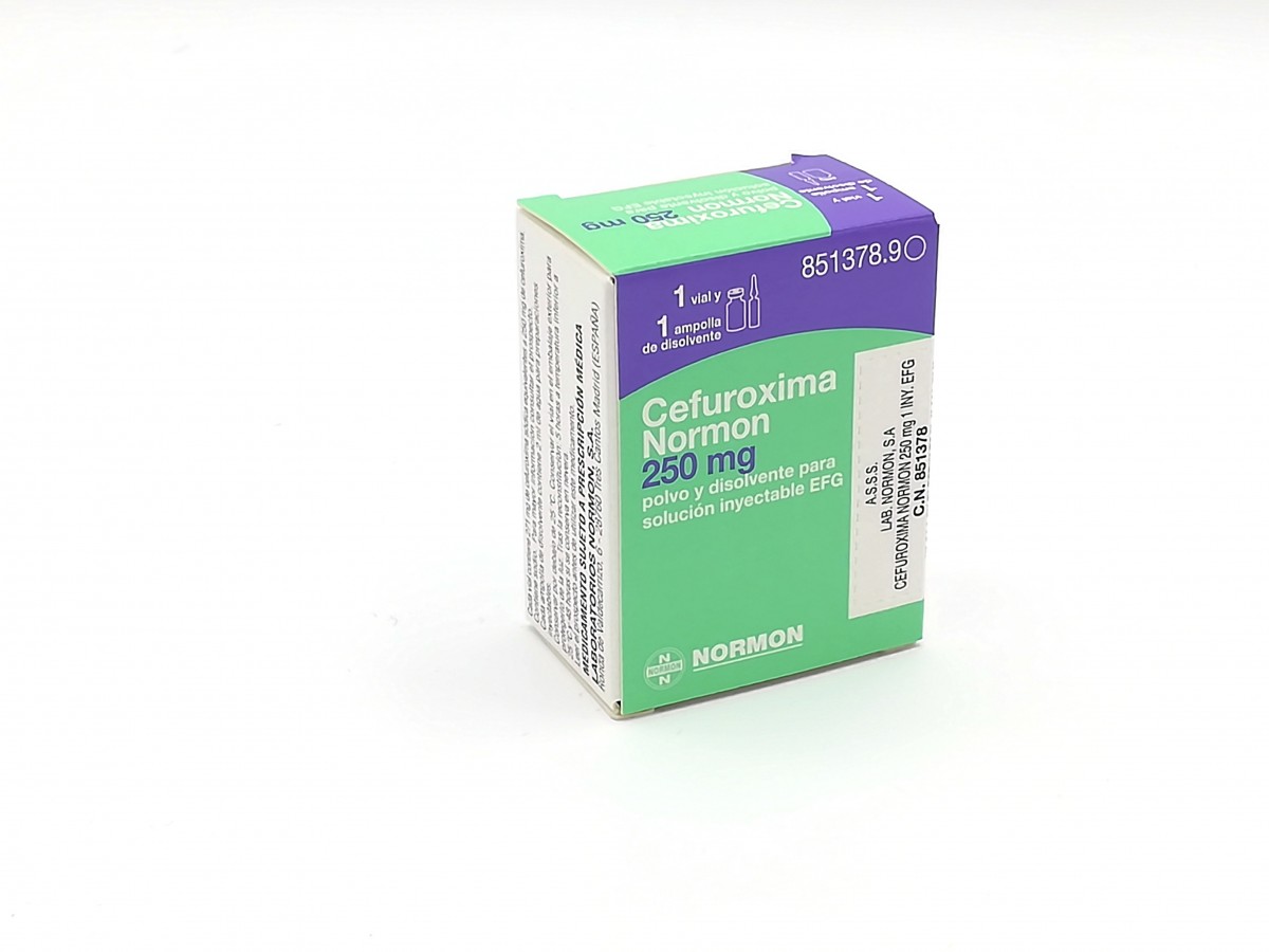 CEFUROXIMA NORMON 250 mg POLVO Y DISOLVENTE PARA SOLUCION INYECTABLE EFG , 1 vial + 1 ampolla de disolvente fotografía del envase.