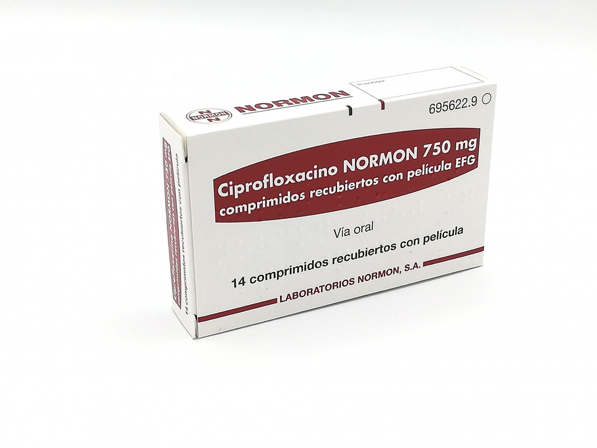 CIPROFLOXACINO NORMON 750 mg COMPRIMIDOS RECUBIERTOS CON PELICULA  EFG , 14 comprimidos fotografía del envase.