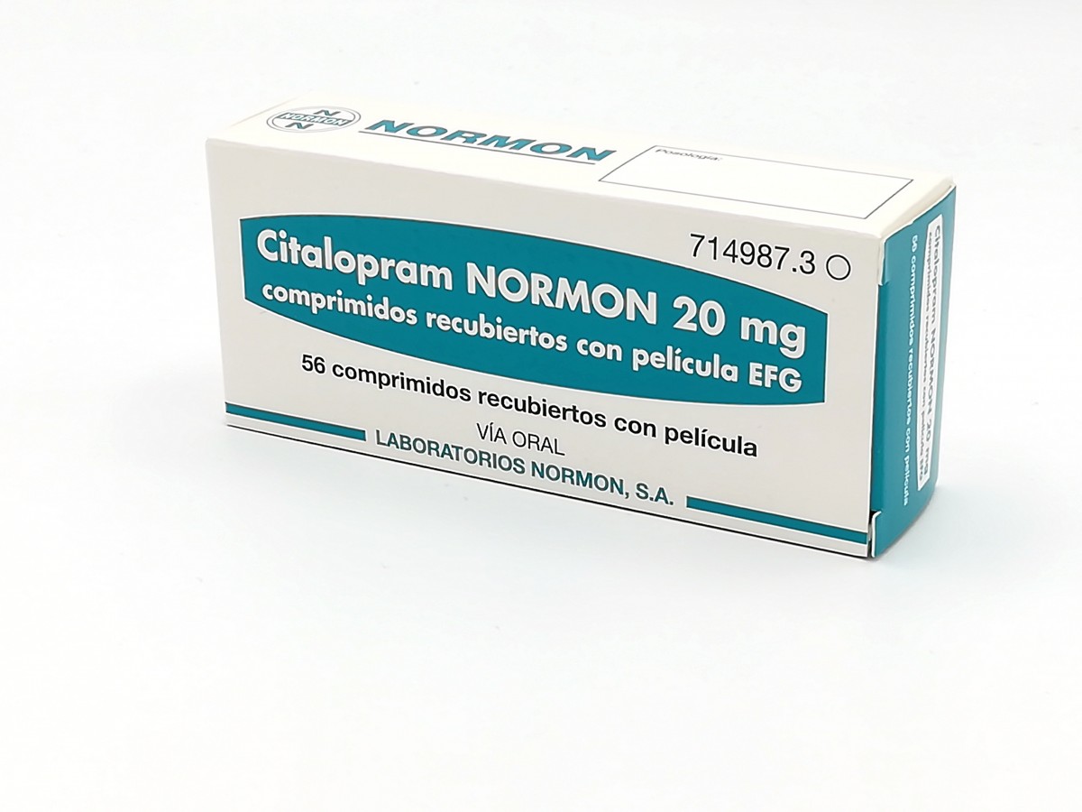 CITALOPRAM NORMON 20 mg COMPRIMIDOS RECUBIERTOS CON PELICULA EFG,56 comprimidos fotografía del envase.