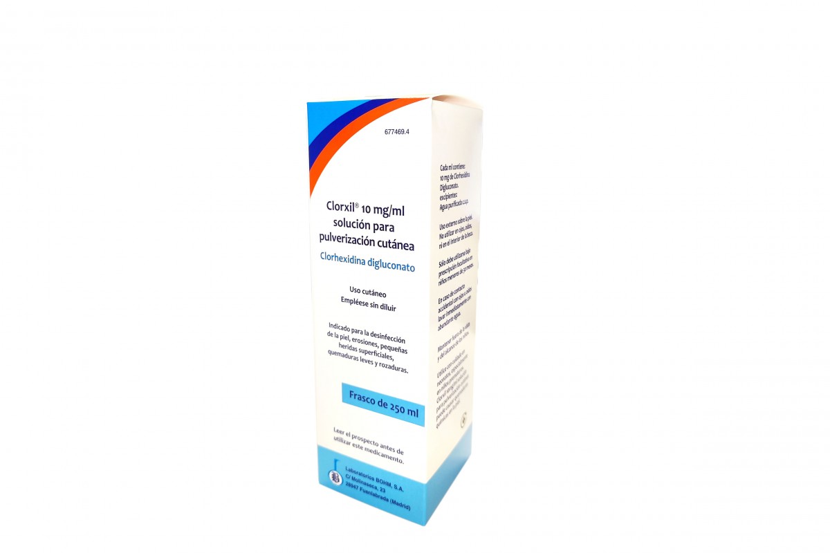 CLORXIL 10 mg/ml SOLUCION PARA PULVERIZACION CUTANEA, 1 frasco de 50 ml fotografía del envase.