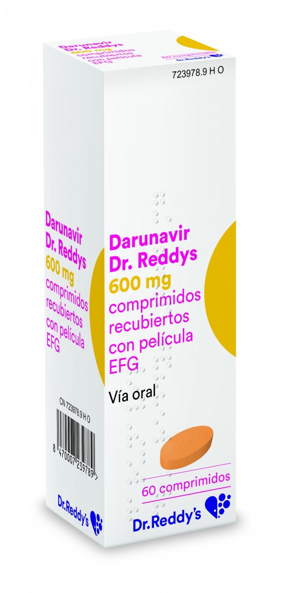 DARUNAVIR DR. REDDYS 600 MG COMPRIMIDOS RECUBIERTOS CON PELICULA EFG, 60 comprimidos fotografía del envase.