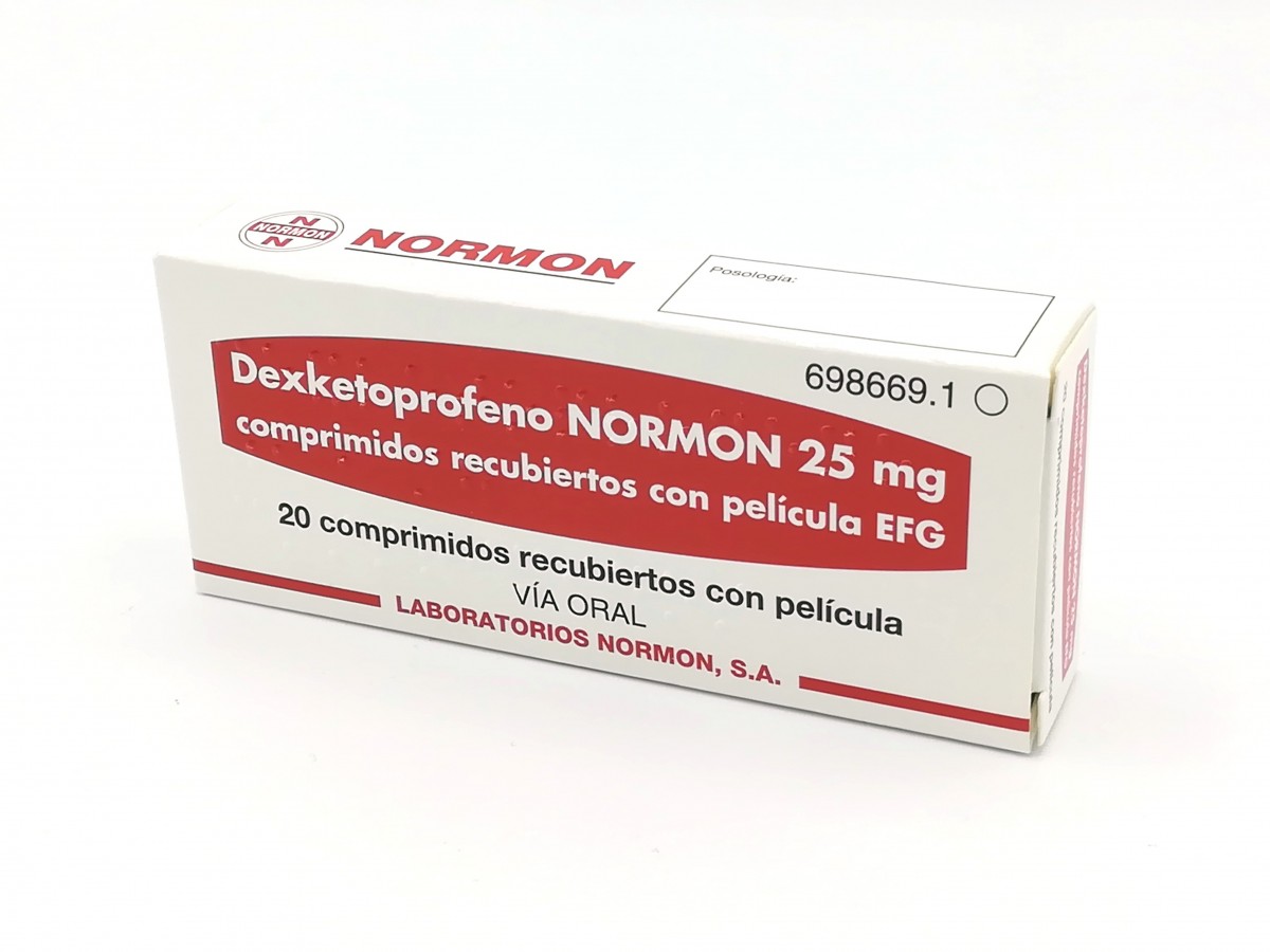 DEXKETOPROFENO NORMON 25 MG COMPRIMIDOS RECUBIERTOS CON PELICULA EFG , 20 comprimidos fotografía del envase.