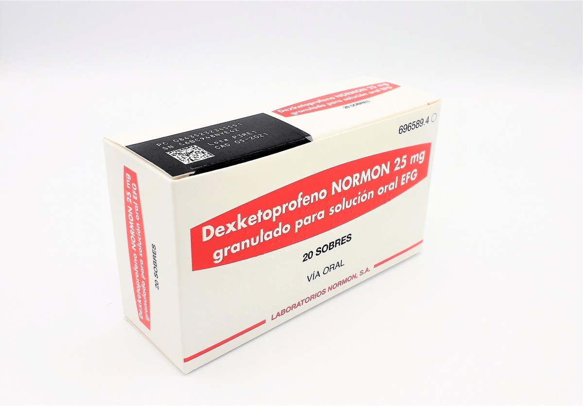 DEXKETOPROFENO NORMON 25 MG GRANULADO PARA SOLUCION ORAL EFG , 20 sobres fotografía del envase.