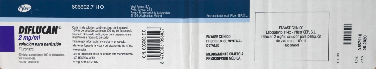 DIFLUCAN 2 mg/ml SOLUCION PARA PERFUSION , 1 vial de 50 ml fotografía del envase.